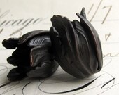 Black Tulip bead cap - black antiqued brass flowers (2 bead caps) flourish petal, blooming trumpet flower, aged patina