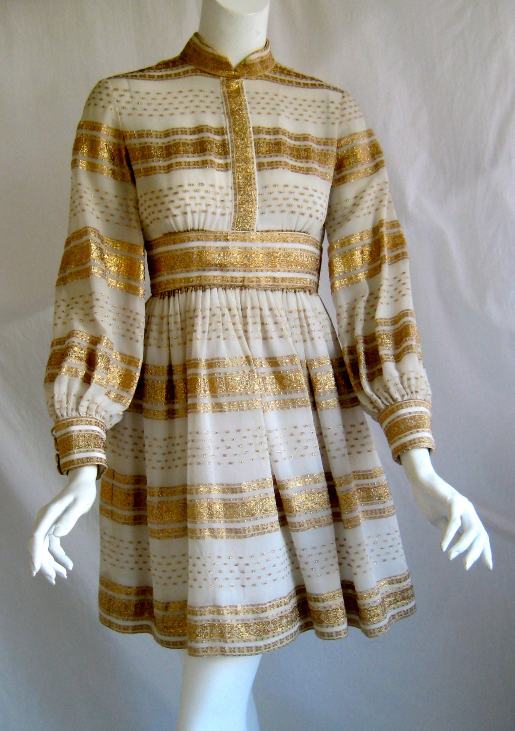 vtg CEIL CHAPMAN 1960s white silk chiffon and gold lame indian full skirt party dress