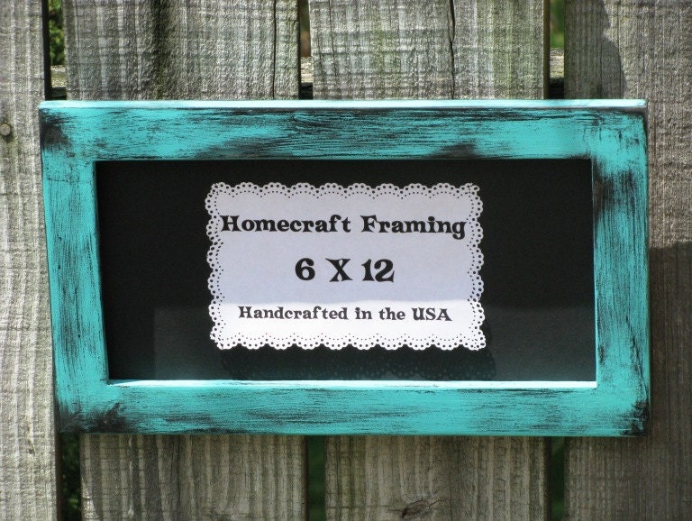 6X12 Picture Frame Distressed Turquoise Black Frame Wooden