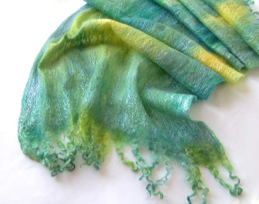 Felted scarf - Teal Green Blue yellow sea waves spring scarf