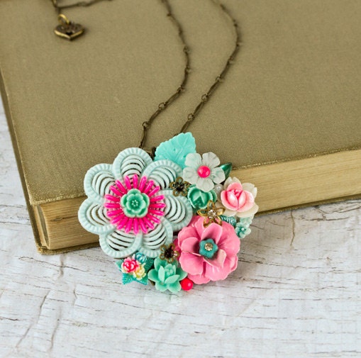 FREE SHIPPING Statement Necklace, Pink, Blue, Aqua and Mint Green Floral Necklace, Fashion Neon Jewelry, Shabby Chic Style