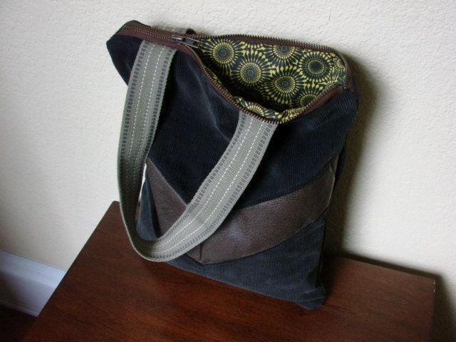 Chevron Mini Tote Bag - Repurposed Leather and Corduroy