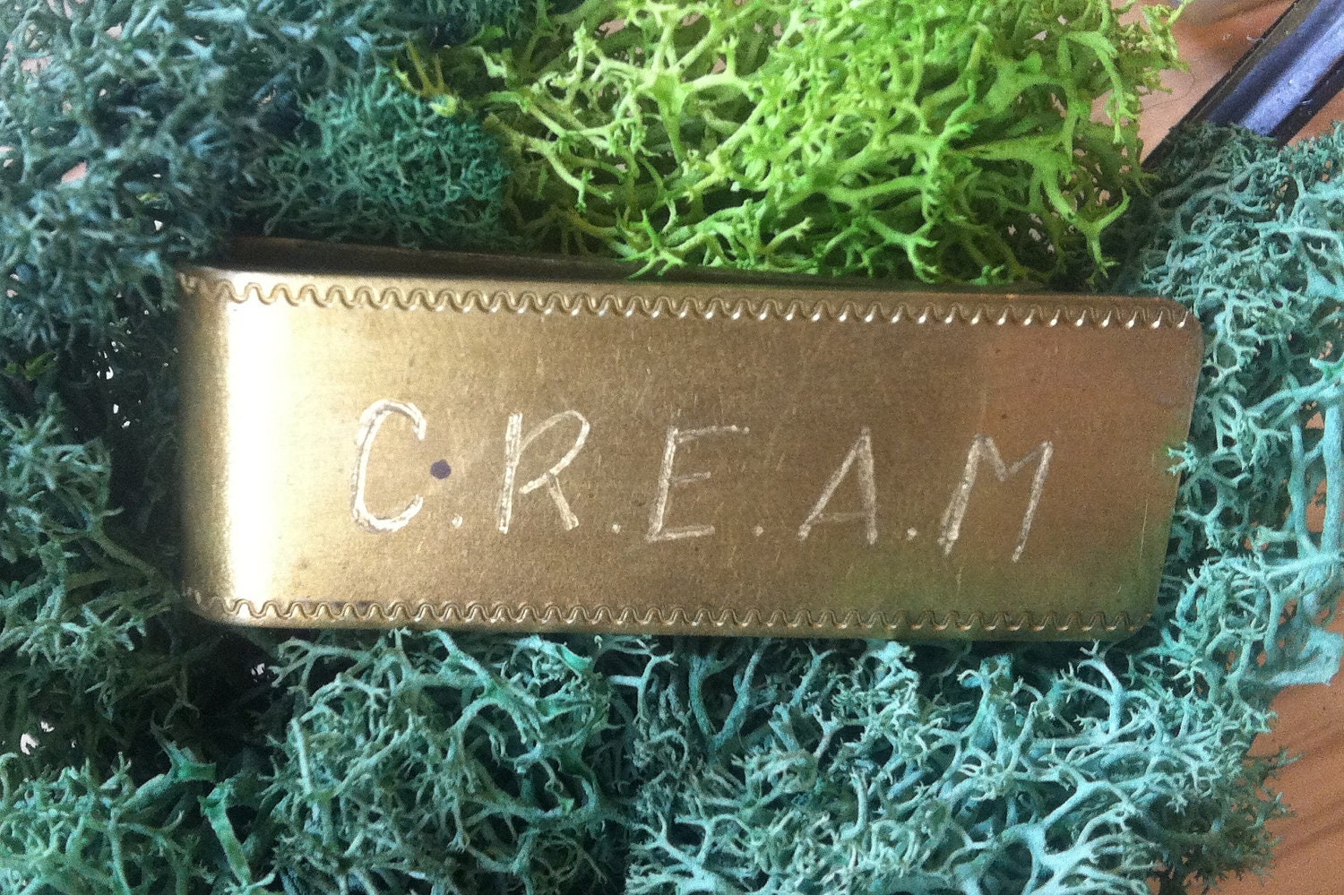 Vintage Brass Money Clip Hand Engraved with Wu Tang Clan Lyrics C.R.E.A.M. "Cash Rules Everything Around Me"