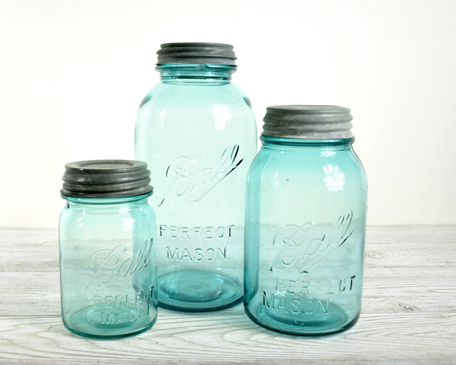 Vintage Mason Ball Jars / Glass Storage Jars / Turquoise