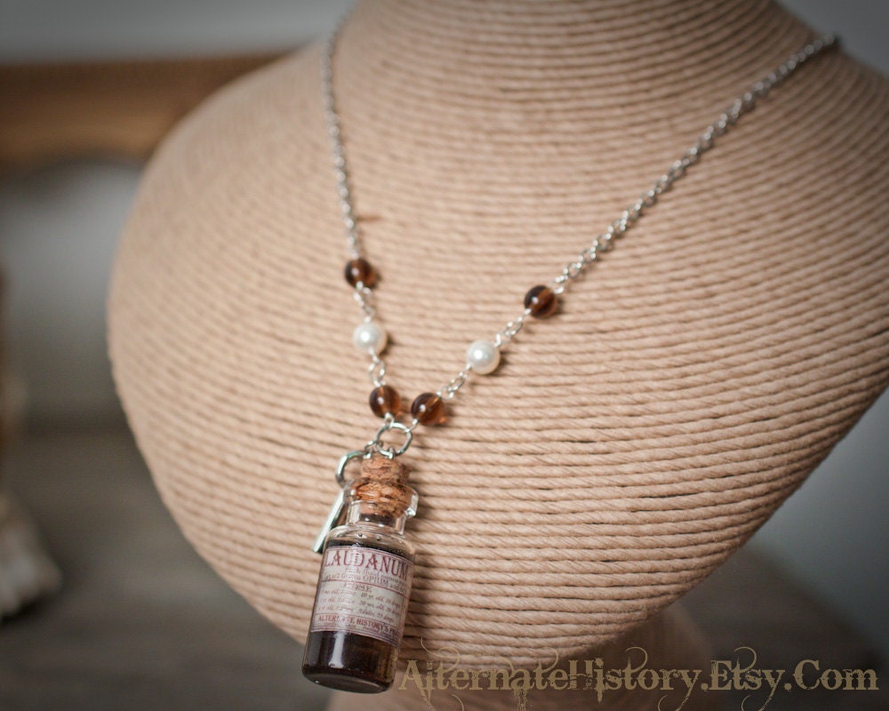 Victorian Apothecary - Laudanum / Poison Bottle Necklace with Beaded Chain and Key Charm