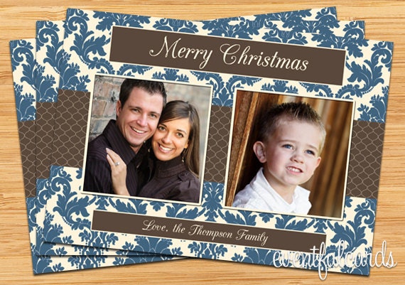 Blue Damask Christmas Photocard Il_570xn
