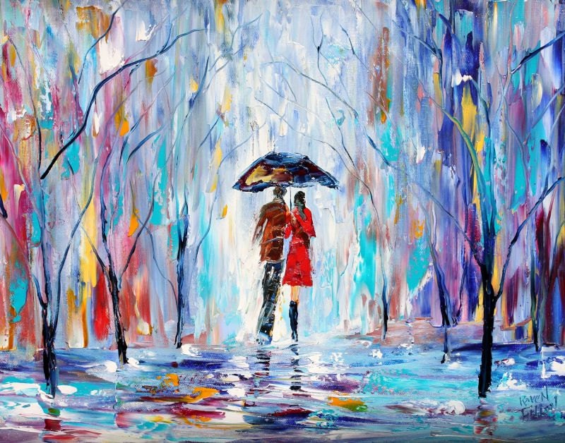 Fine art print 11" x 14" Rainy Love - from oil painting by Karen Tarlton - impressionistic palette knife modern art