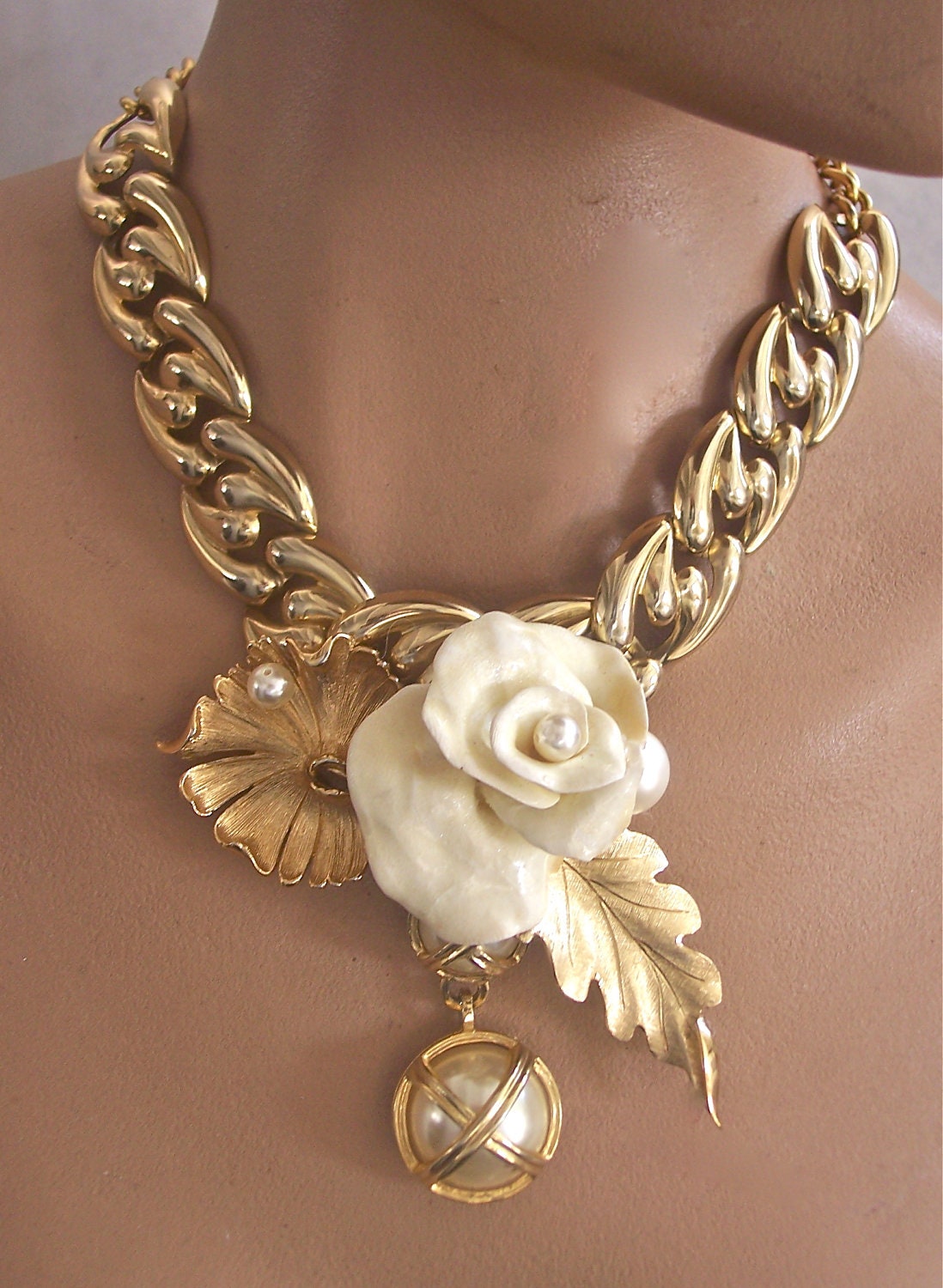 Chunky Choker, Gold Tone Necklace, Hand Sculpted Rose, Recycled Vintage