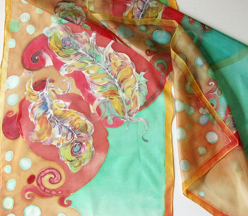 Hand dyed - hand painted silk scarf on ponge silk Feather180x45