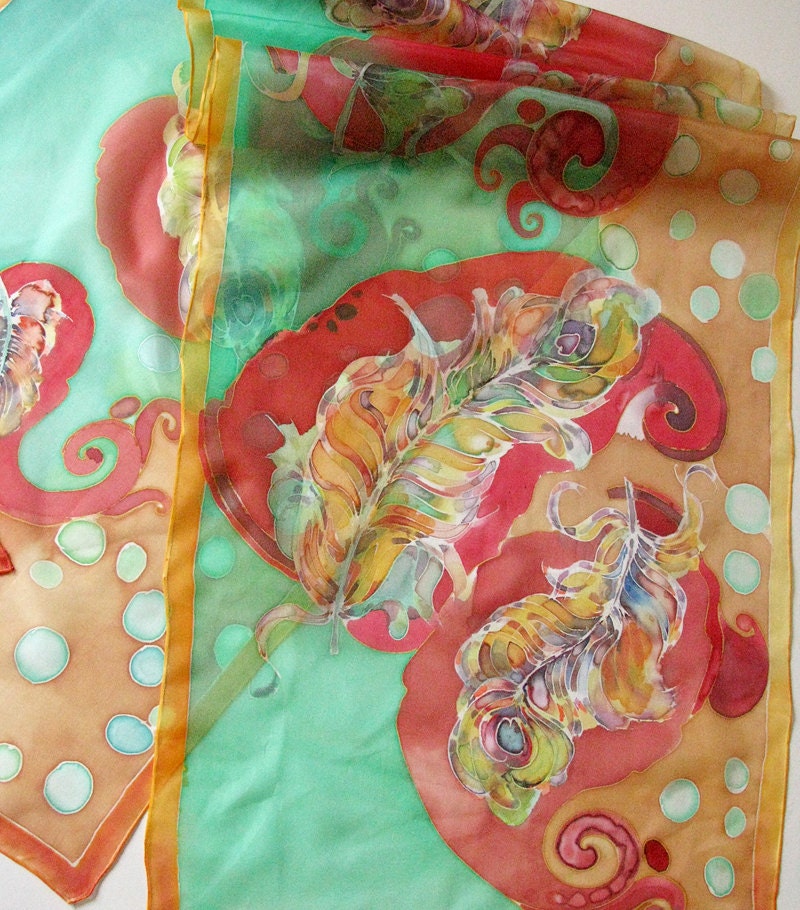 Hand dyed - hand painted silk scarf on ponge silk Feather180x45