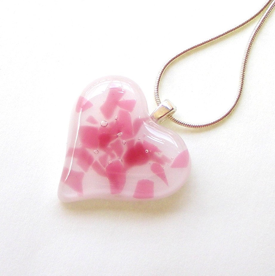 Glass Heart Pendant - Fused Glass Jewelry - Pink and White