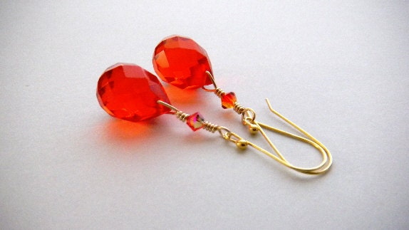 Tangerine briolette and crystal earrings Gold filled Vermeil Bright Orange Fire Bridal Earrings Wedding Mother of the Bride Flame