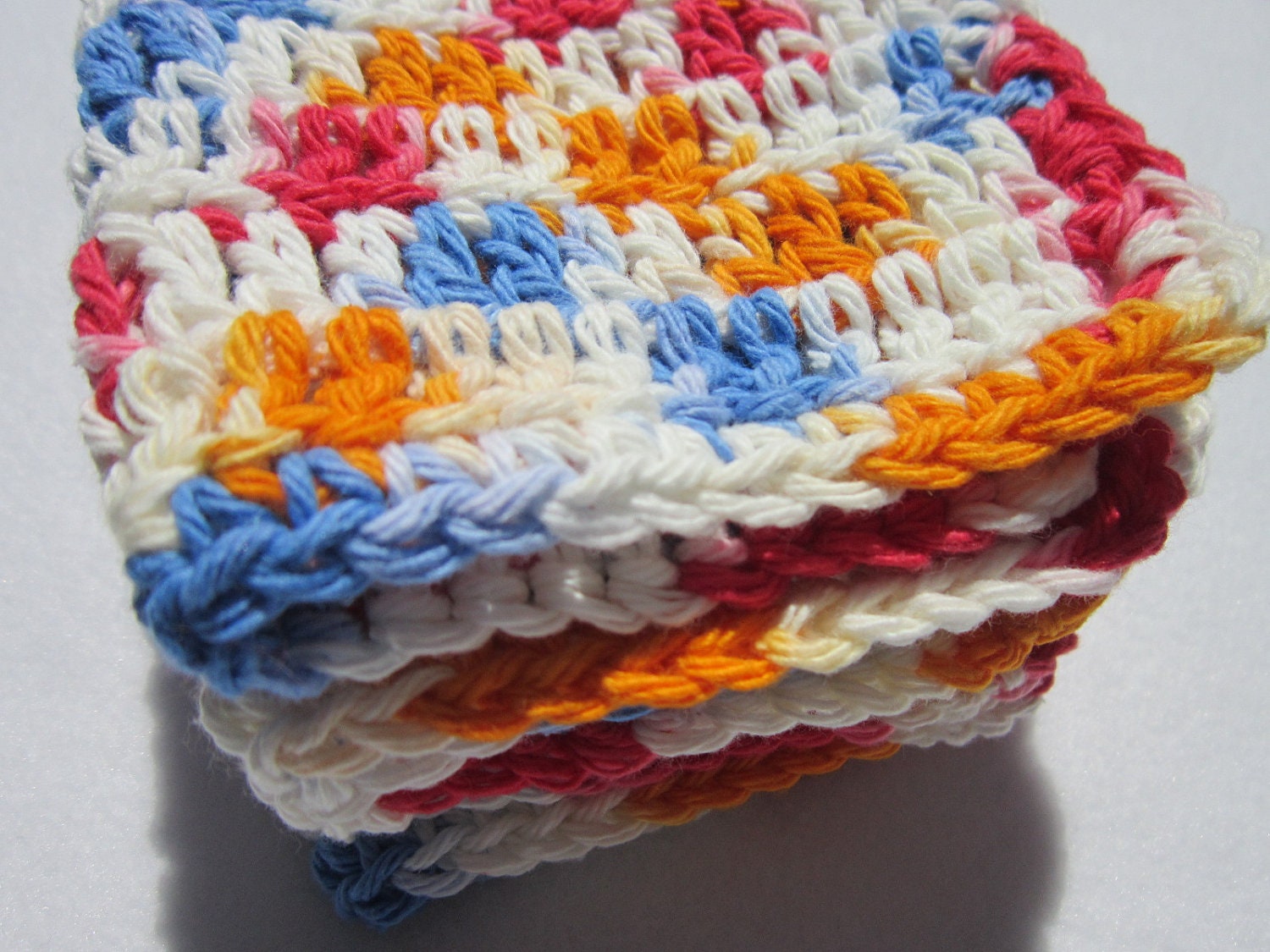 Cotton Dish Cloths or Wash Cloths  Set of Three in Red White Blue and Orange
