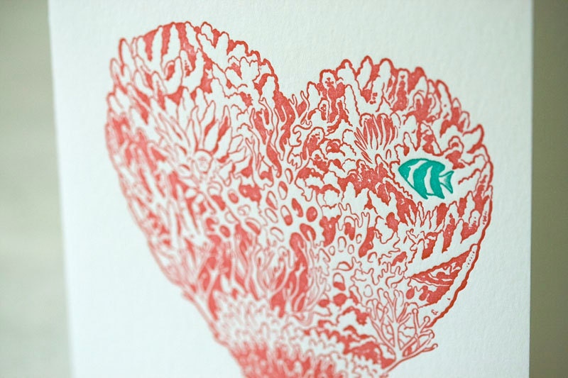 Letterpress Valentine Love Card - Coral Heart
