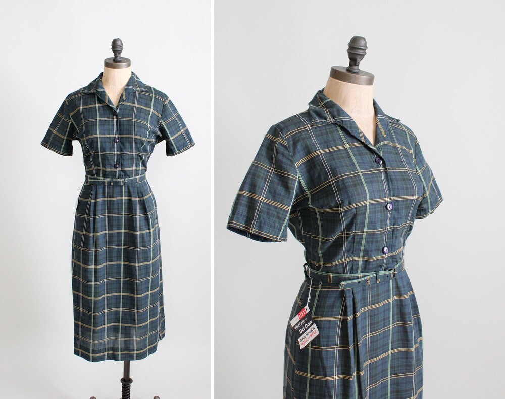 Vintage 1950s Dress : 50s 60s NOS Plaid Shirtwaist Dress