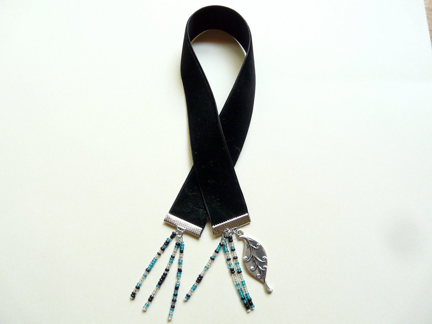 Black Velvet Ribbon Bookmark With Aqua, Black, & Clear Beads And Leaf Charm (F8)