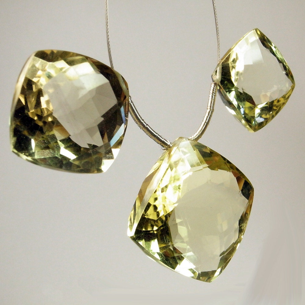 Lemon Quartz Briolettes, Square Beads, Cushion Beads, Puffed Pillow Beads, Checkerboard Cut, Trio - Large Pair and Focal Bead