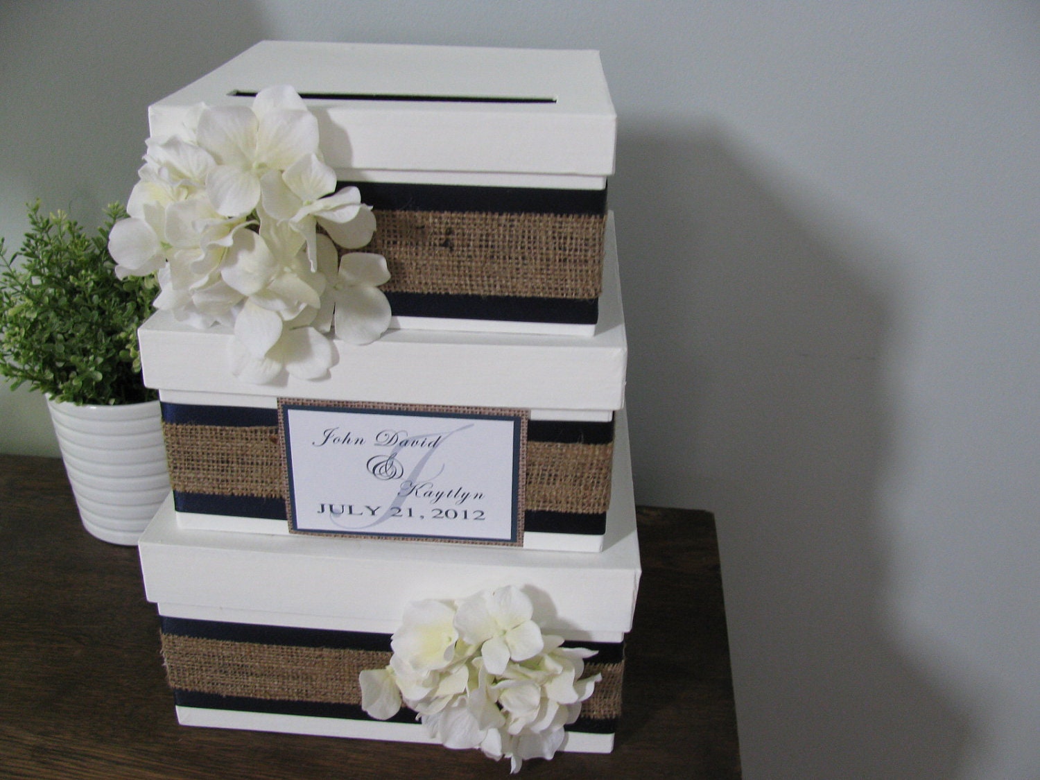 Wedding Card Box Modern Rustic 3 tiered with navy blue ribbon and burlap hydrangeas personalized tag You Customize Colors and Flowers