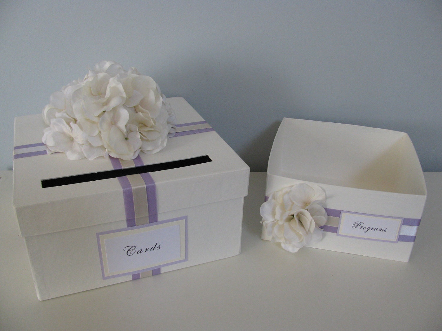Wedding Card Box and Program Box SET Lavender with Ivory Hydrangeas With Personalized Tags You Customize for FREE