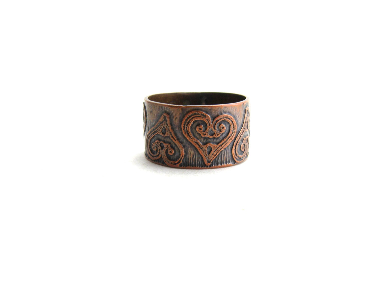 Copper Hearts Wide Band Ring Copper Etched Jewelry Darkened Copper