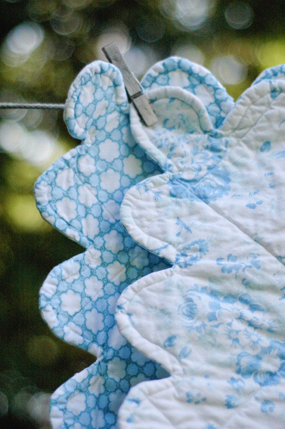 Baby Quilt in Blue Floral and Geometric Prints with Scallops