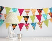 Mini pennant fabric banner - bunting in pink, turquoise, green and yellow