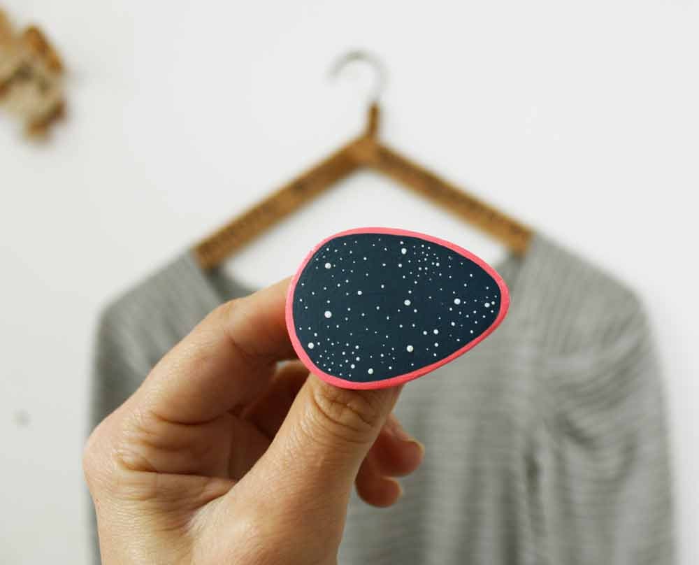 Starry night brooch - Hand shaped paper clay jewellery - Stocking stuffer