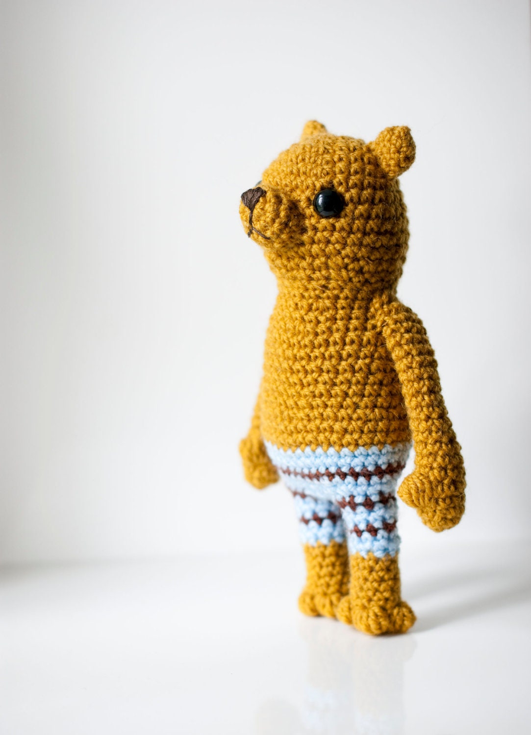 Soft toy amigurumi bear, soft sculpture - Adam the bear. Mustard bear with blue brown striped pants