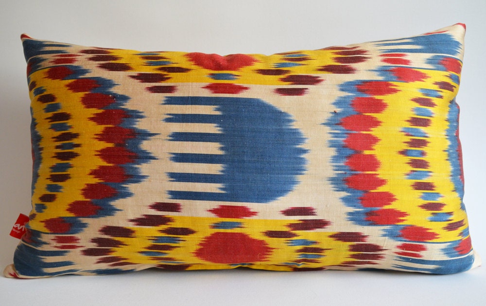 Sukan / Hand Woven Original Lumbar Silk ikat Pillow Cover -  Yellow, Beige, Red, Brown, Blue