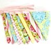 Flag Bunting, Reversible Fabric, Girl Floral, Pink Blue Green Yellow, 10 Flag with Pink Ribbon