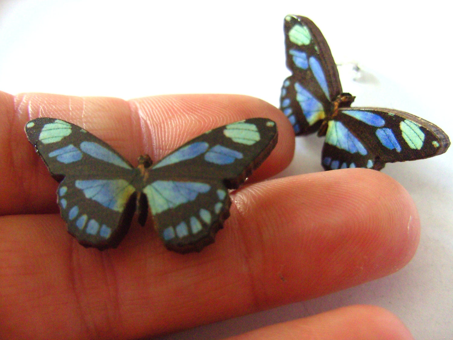 Sweet, Pair, wooden, blue and black, butterfly, stud earrings, by NewellsJewels on etsy