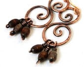 Hammered Jewelry, Antiqued Copper, Wooden Beads, Wire Wrapped, Scroll Earrings