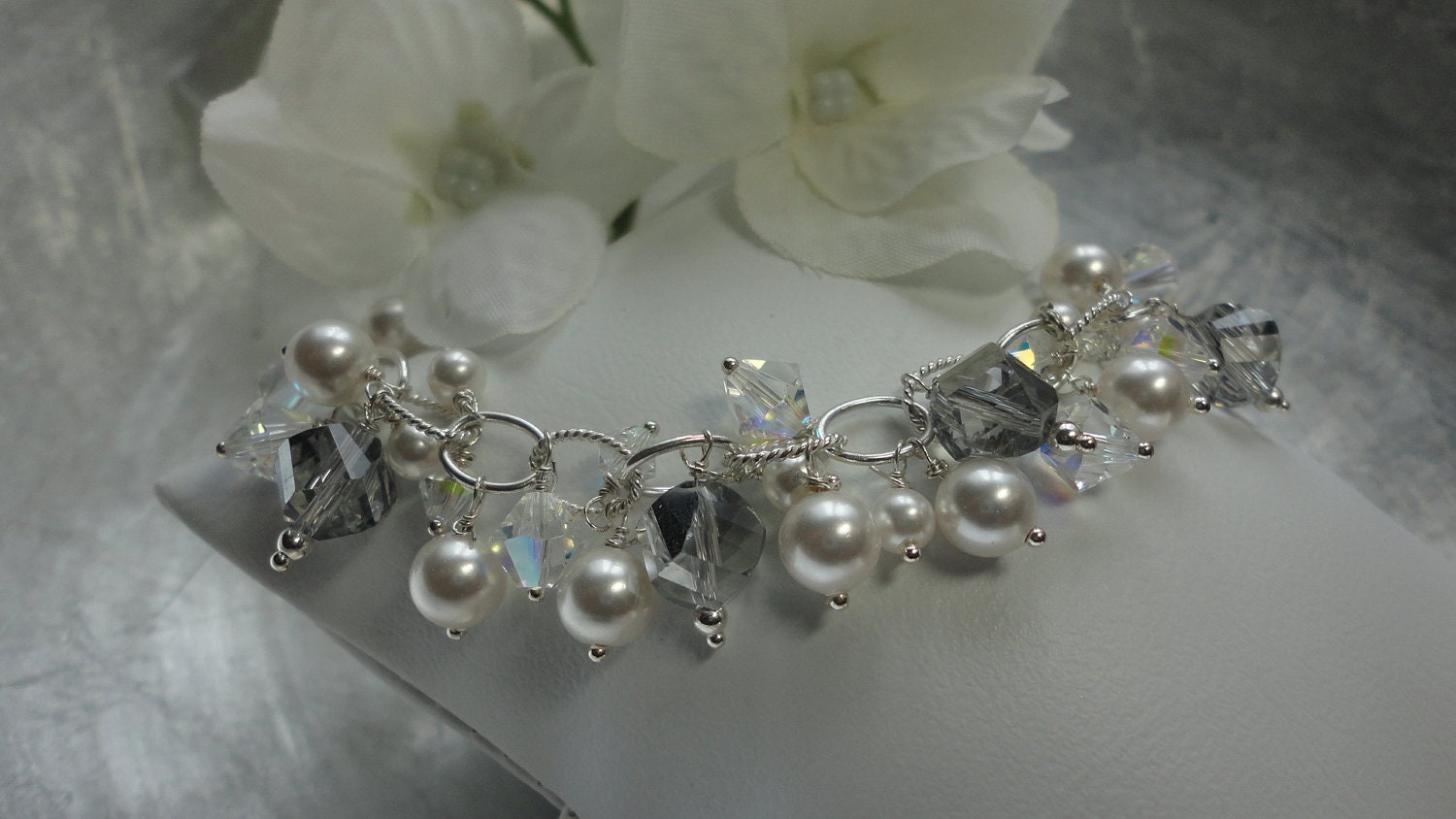 Bridal White Pearl Spiral Swarovski Satin Crystal Wire Wrapped Sterling Silver Necklace