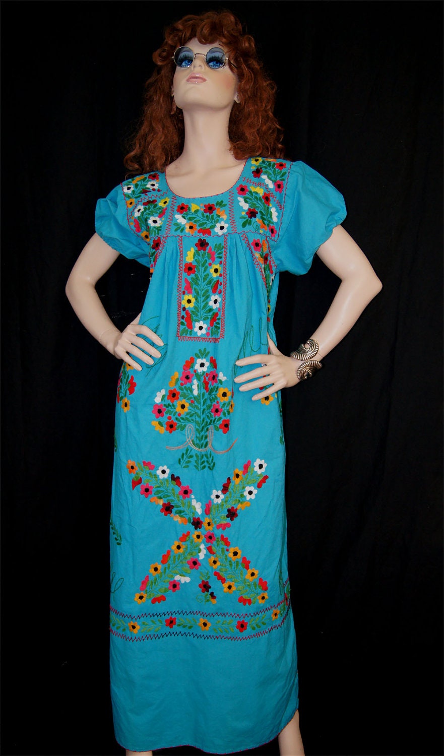 Vintage 70s Turquoise Blue Mexican Embroidered Bohemian Maxi Dress S M