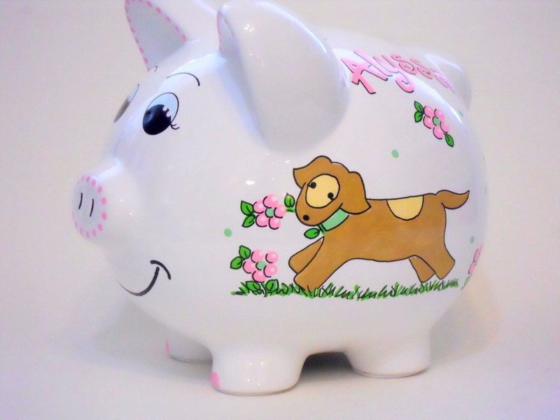 Personalized Piggy Bank Dogs and Puppies with Pink Flowers