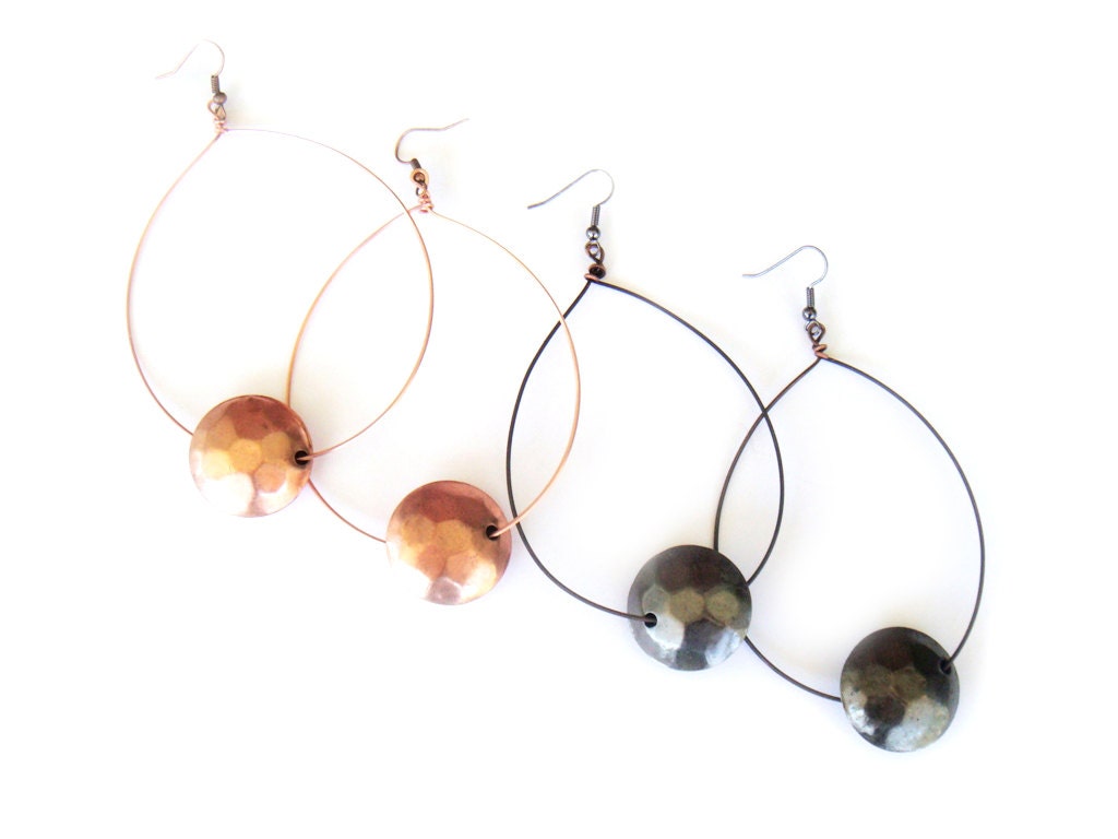 Copper or Gunmetal Hammered Hoop Earrings