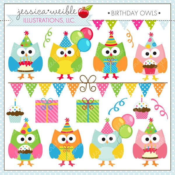 Birthday Owls Cute Digital Clipart for Card Design, Scrapbooking, and Web Design, Birthday Clipart, Birthday Graphics Il_170x135