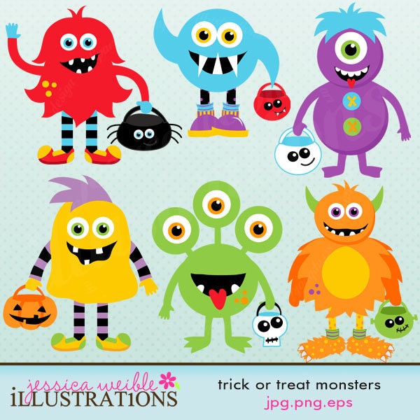 Trick or Treat Monsters Cute Digital Clipart for Card Design, Scrapbooking, and Web Design Il_570xn