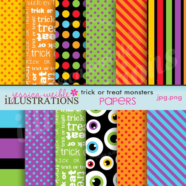 Trick or Treat Monsters Cute Digital Papers for Card Design, Scrapbooking, and Web Design Il_570xn