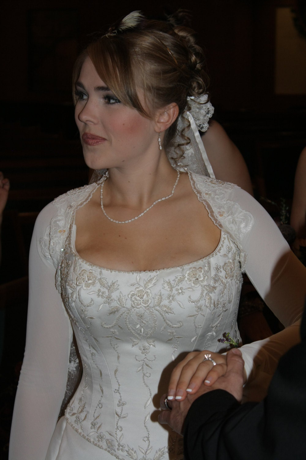 BRIDAL SHRUG Bolero English Mesh Keyhole Lace in White  Ivory