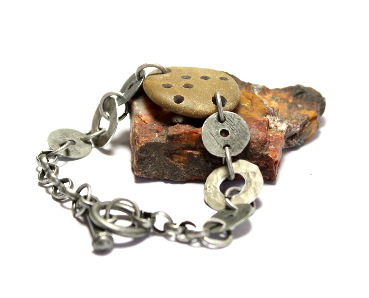 Handmade Stone Bracelet- Beach Pebble Jewelry- Antique Silver Metalwork with Style Stone by Allybeans