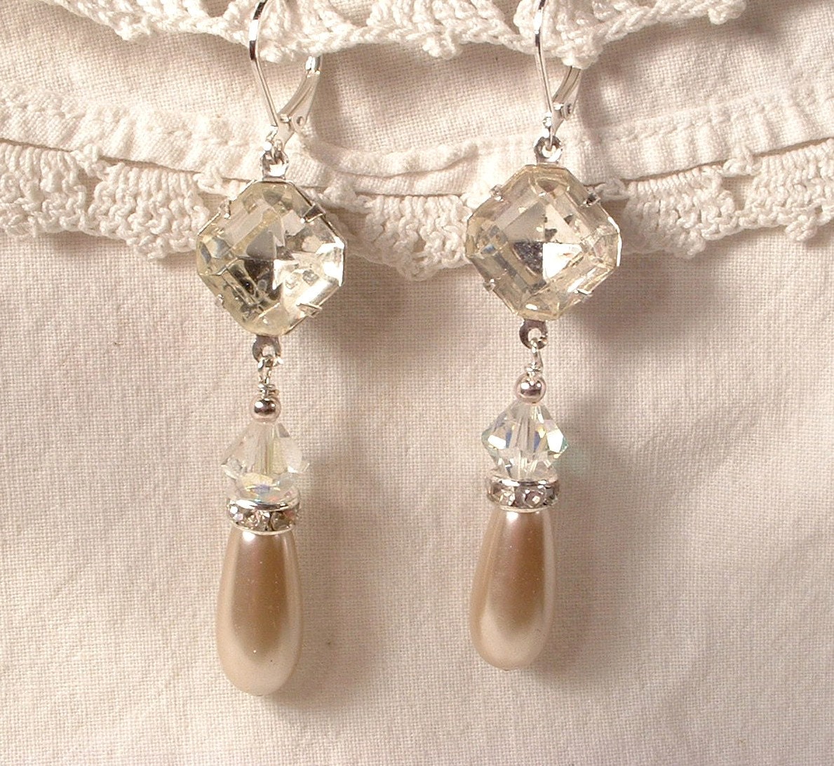 Vintage Art Deco Champagne Pearl & Crystal Antique Silver Bridal Dangle Earrings