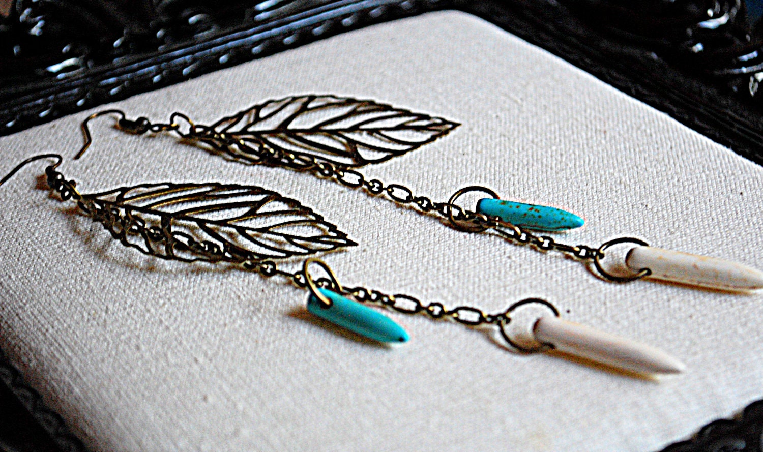 Skeleton leaf, boho, cowgirl, spring, howlite spike, Earrings Brass, Jewelry, Summer Fashion - Breeze