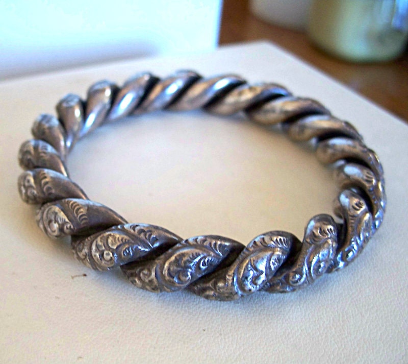 Antique Sterling Silver Bracelet Repousse Twist Bangle Very Old