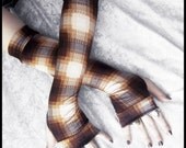 The Hunter's Daughter Arm Warmers - Dark Coffee Brown Cream Rust Camel Plaid Cotton - Gothic Yoga Belly Dance Bohemian Rustic Cycling Light