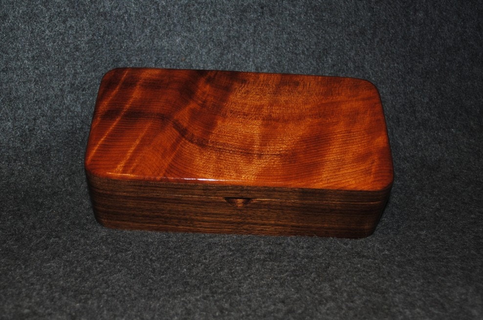 Curly Redwood Accents this Walnut Wooden Box With a Tray That Slides