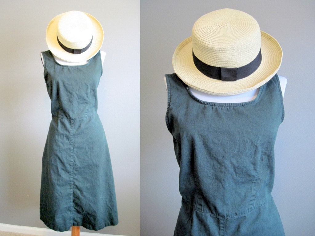 Green Prairie Dress Vintage Sleeveless Twill Farm Country Medium