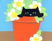 Original Paper Art Collage - Black Kitty Cat in a Pot of Daisies Il_170x135