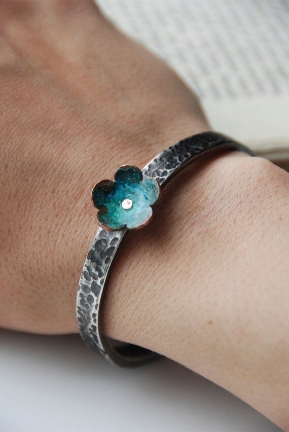 Forget Me Not Flower Bracelet Sterling Silver Cuff With Copper Forget Me Not Flower