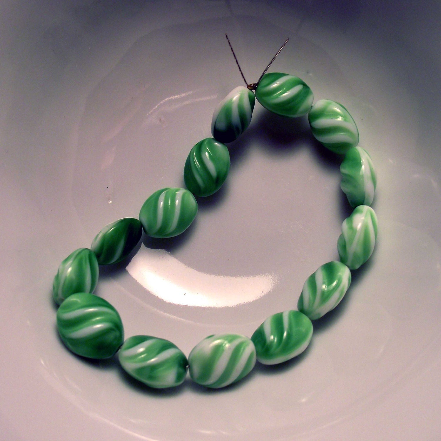 14 Vintage Glass Green Beads DESTASH